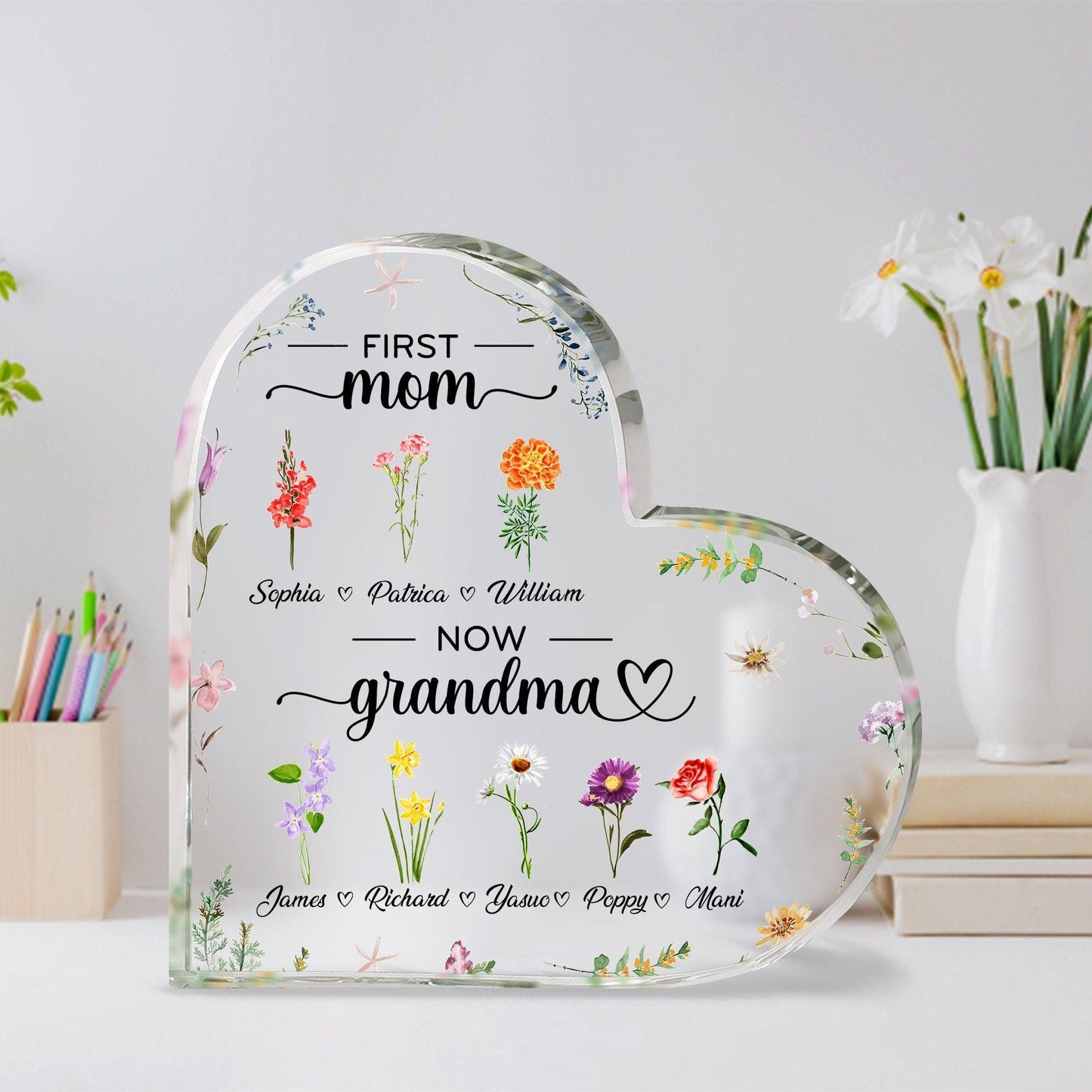Personalisiertes Herz-Acrylschild - Erste Mutter, jetzt Oma - GiftHaus