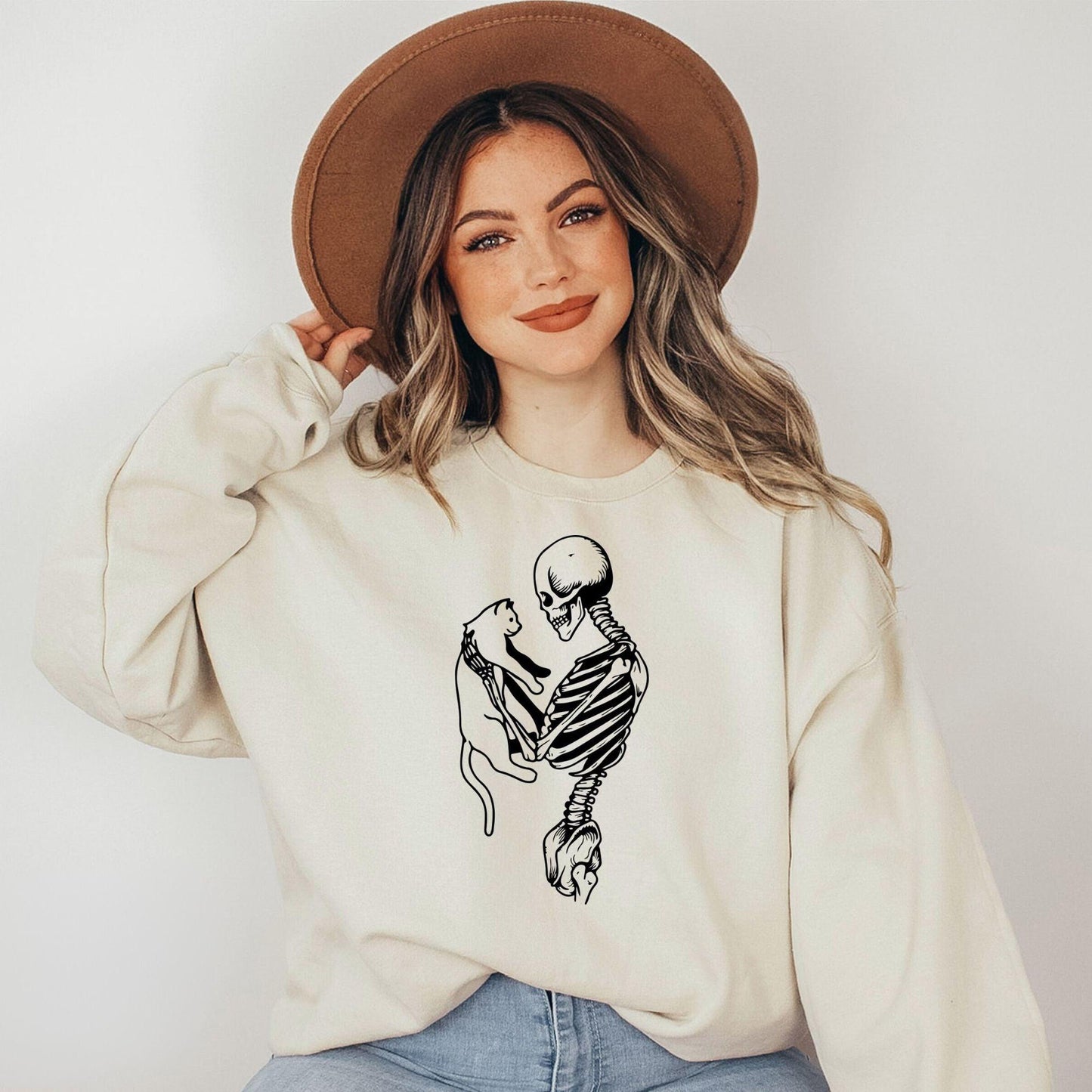 Skelett- und Katzen-Sweatshirt – Geschenke für Katzenliebhaber - GiftHaus
