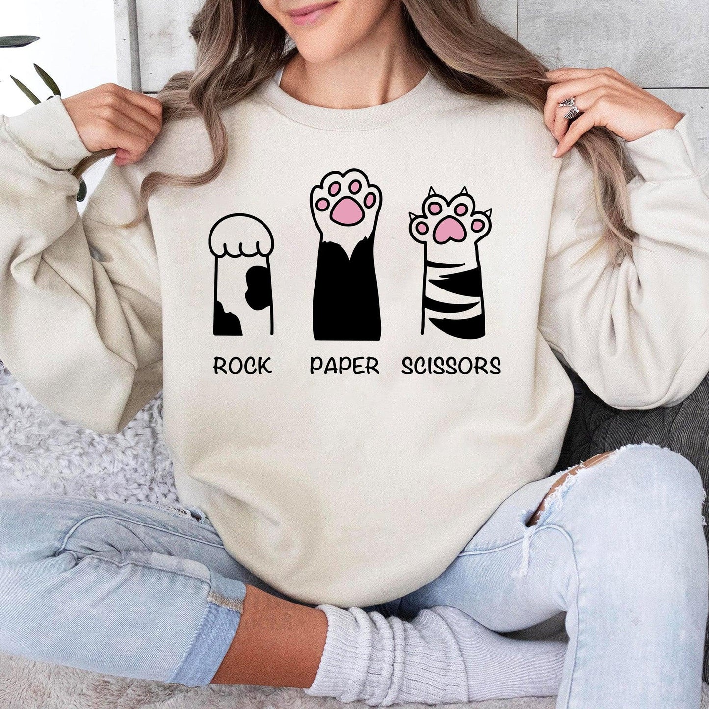 Stein Papier Schere Katzenpfoten Sweatshirt - Geschenk für Katzenliebhaber - GiftHaus