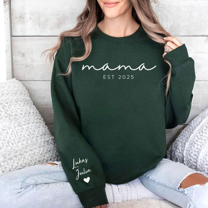 Personalisiertes Mama-Sweatshirt mit Namen der Kinder auf dem Ärmel, Est.-Datum Mama-Outfit