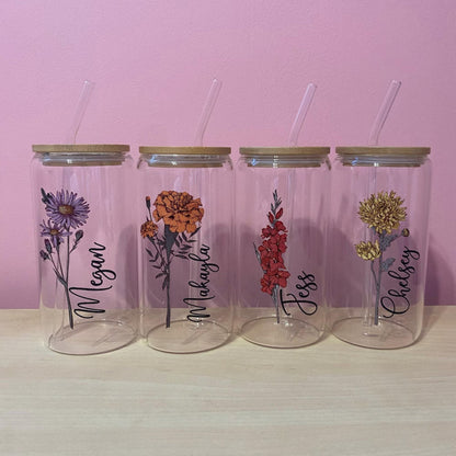 Personalisierter Geburtsblumen-Tumbler mit Name, Geburtsblumen-Glas, Geschenk für Sie