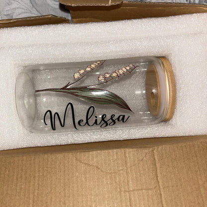 Personalisierter Geburtsblumen-Tumbler mit Name, Geburtsblumen-Glas, Geschenk für Sie