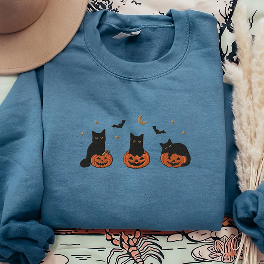 Spooky Black Cat Embroidered Sweatshirt for Fall