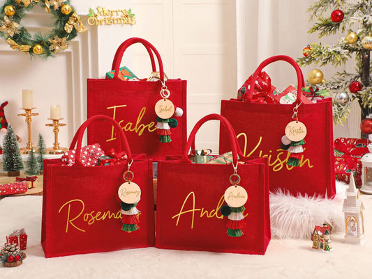 Personalisierter roter Jutebeutel – Weihnachts-Geschenkbeutel mit Namen