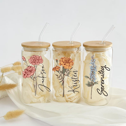 Personalisierter Geburtsblumen-Tumbler mit Name, Geburtsblumen-Glas, Geschenk für Sie