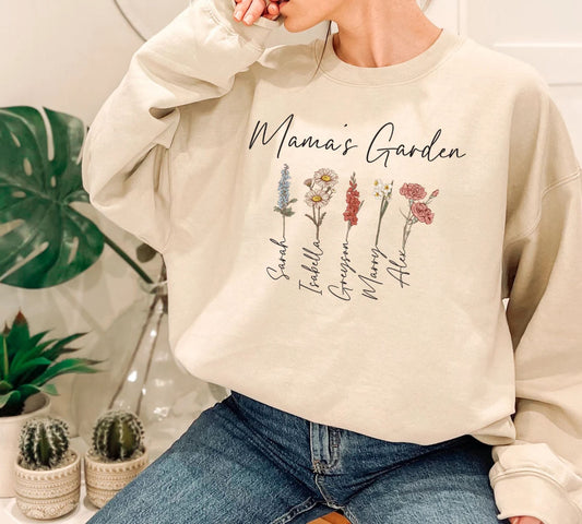 Mama's Garden Sweatshirt, Muttertagsgeschenk, Pullover mit Geburtsmonat-Blumen