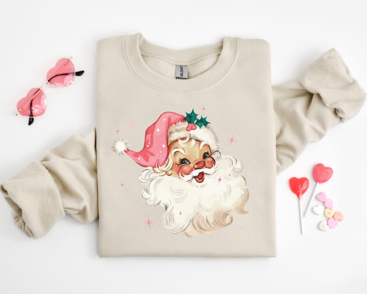 Pink Santa Retro Christmas Sweatshirt - Women Pink Christmas Sweatshirt