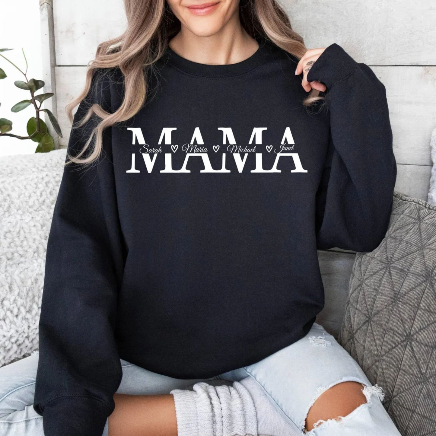 Personalisierter Mama-Sweatshirt mit Namen der Kinder, Individueller Pullover für Mama, Geschenk für Mama