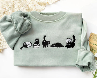 Wunderschönes besticktes schwarzes Katzen Sweatshirt - Geschenk für Katzenliebhaber, Bestickter Katzen Hoodie