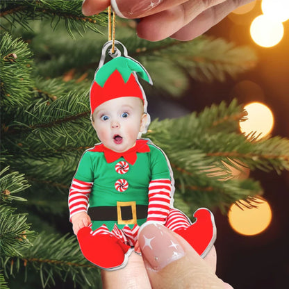 Niedliches Neugeborenes Baby-Elf - Personalisiertes erstes Weihnachtsornament mit Babyfoto