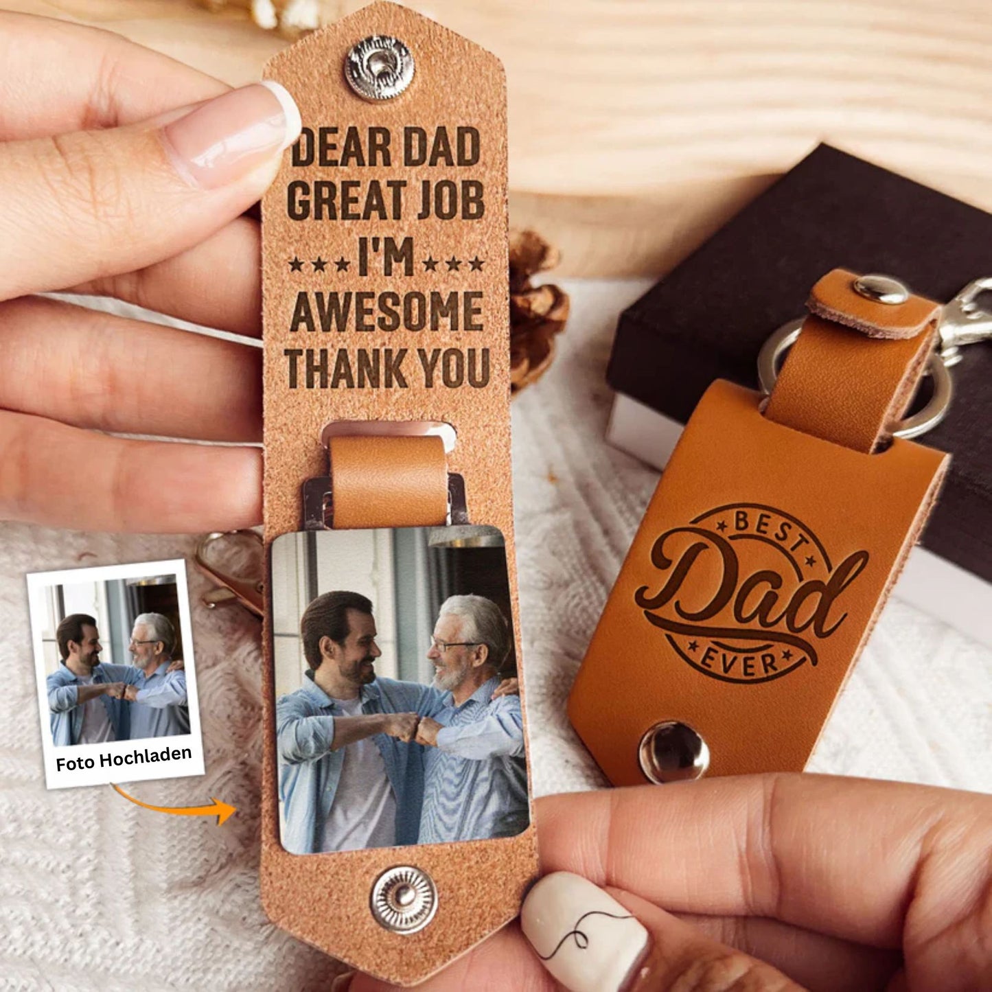 Lieber Papa großartige Arbeit, wir sind fantastisch - Personalisierter Leder Foto Schlüsselanhänger