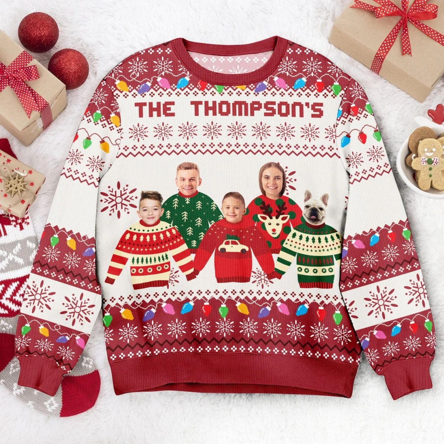 Personalisierter Weihnachtspullover mit Familienfoto und LEDs, Lustiger "Ugly Sweater" für die ganze Familie