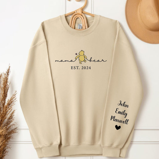 Personalized Mama Bear Sweatshirt with Kids Name on Sleeve