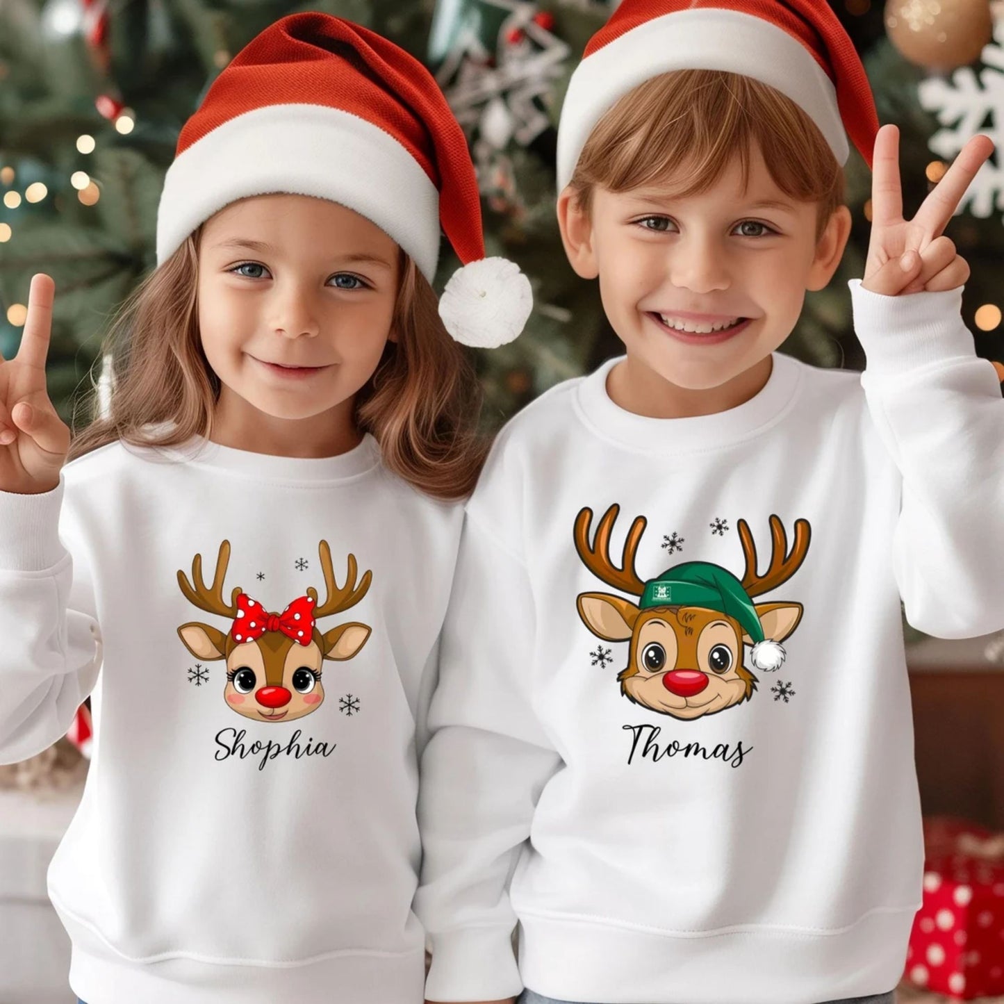 Personalisiertes Rentier-Kinder-Sweatshirt, T-Shirt mit Wunschnamen, Weihnachtsgeschenk