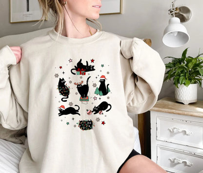 Weihnachtlicher Schwarzer Katzen-Sweatshirt – Geschenk für Katzenliebhaber