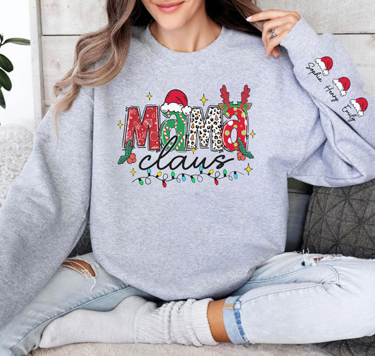 Personalisierter Mama Claus Sweatshirt mit Namen der Kinder auf dem Ärmel - Weihnachtsgeschenk für Mama