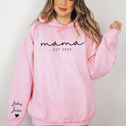 Personalisiertes Mama-Sweatshirt mit Namen der Kinder auf dem Ärmel, Est.-Datum Mama-Outfit