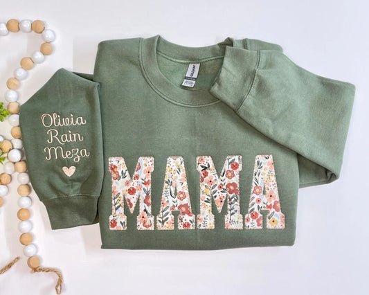 Personalisierter bestickter Mama Sweatshirt mit Blumenmuster - Geschenk für Mama