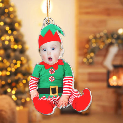 Niedliches Neugeborenes Baby-Elf - Personalisiertes erstes Weihnachtsornament mit Babyfoto