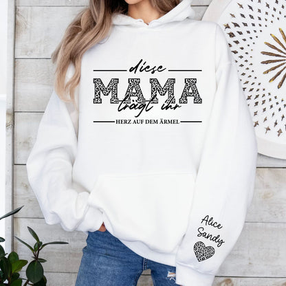 Personalisiertes Mama-Sweatshirt mit den Namen der Kinder auf dem Ärmel, Ich trage mein Herz auf dem Ärmel