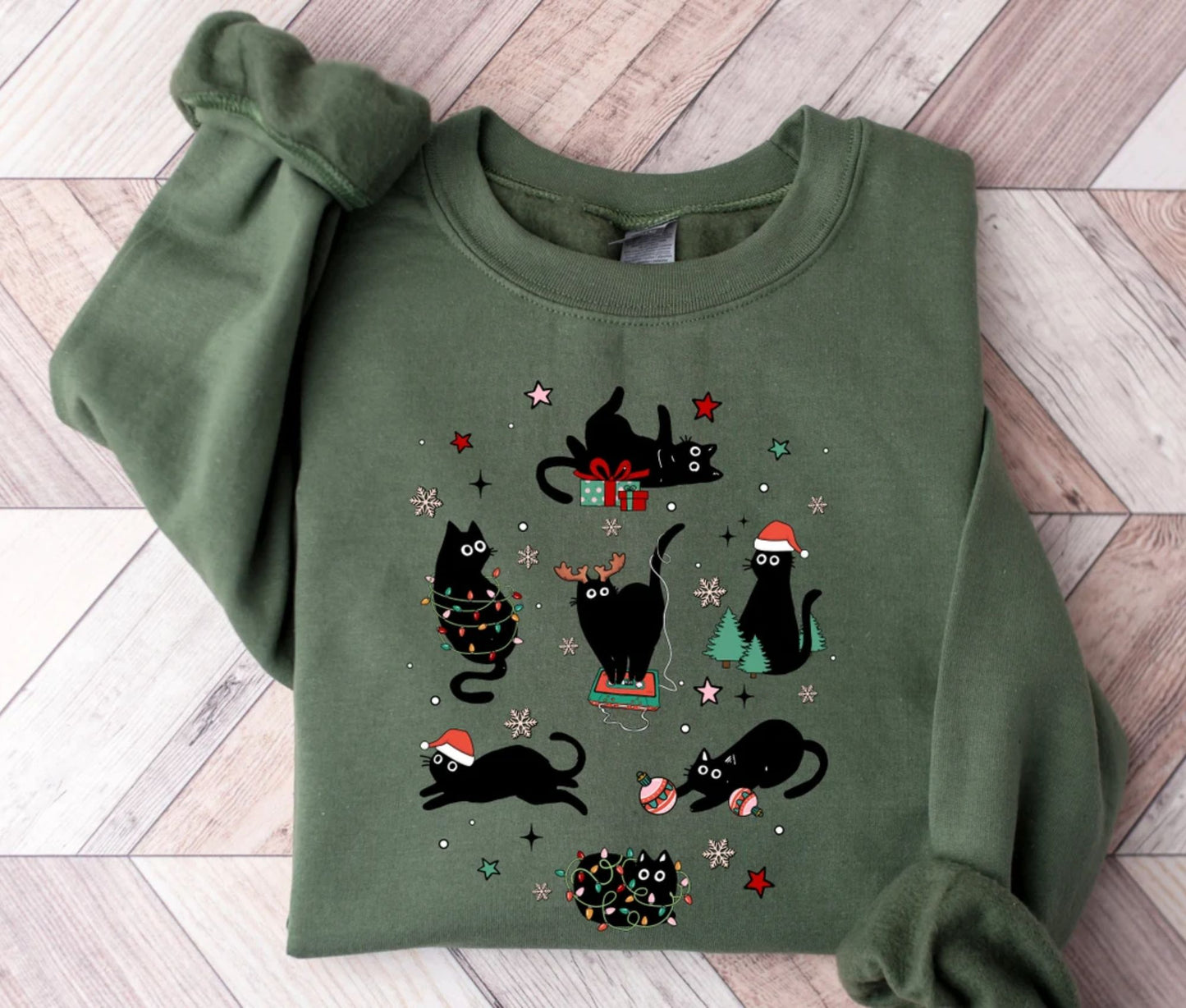 Weihnachtlicher Schwarzer Katzen-Sweatshirt – Geschenk für Katzenliebhaber