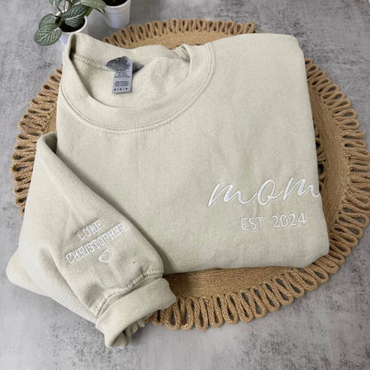 Personalized Embroidered Mom, Dad Crewneck with Kids Names On Sleeve