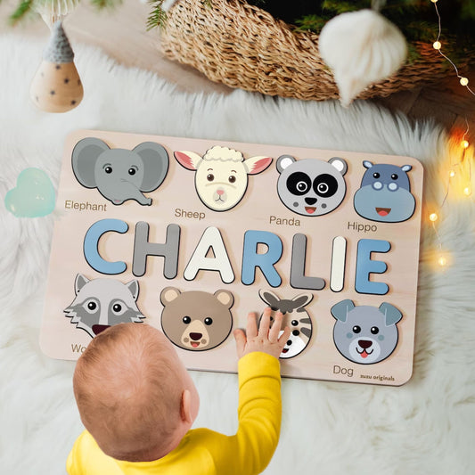 Individuelles handgefertigtes Namenspuzzle mit Tieren, Geschenk für Kinder