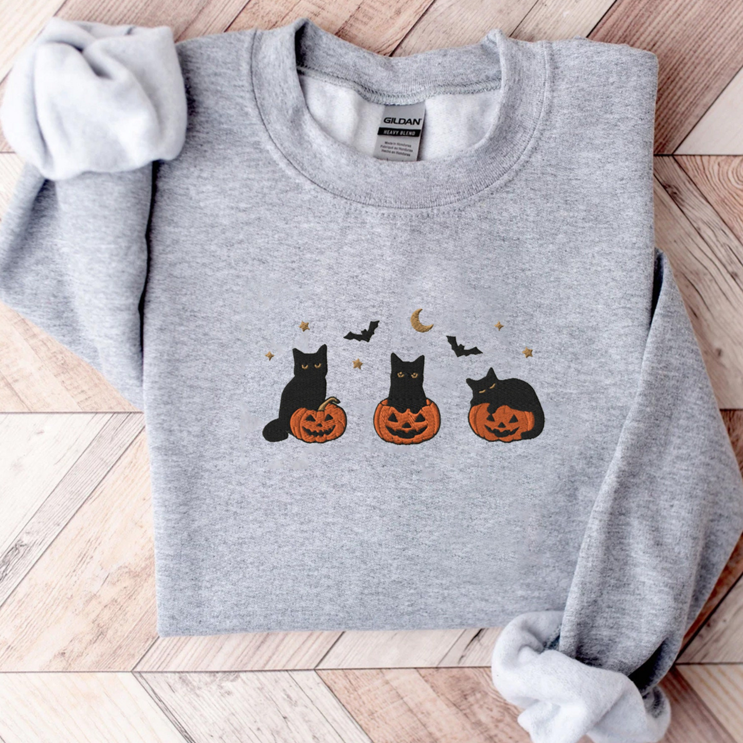 Spooky Black Cat Embroidered Sweatshirt for Fall