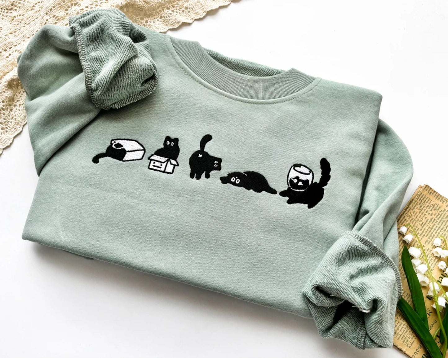 Wunderschönes besticktes schwarzes Katzen Sweatshirt - Geschenk für Katzenliebhaber, Bestickter Katzen Hoodie