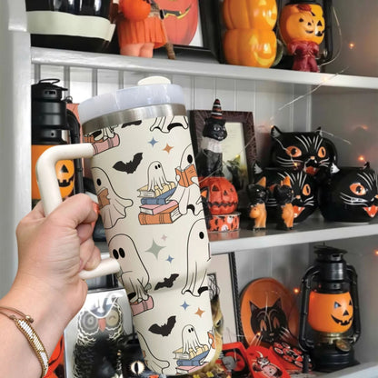 Niedlicher Geist Lesetumbler 40oz - Lustiges Halloween Geschenk für Leser, Halloween Bücher Tumbler 40oz