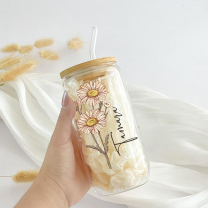 Personalisierter Geburtsblumen-Tumbler mit Name, Geburtsblumen-Glas, Geschenk für Sie