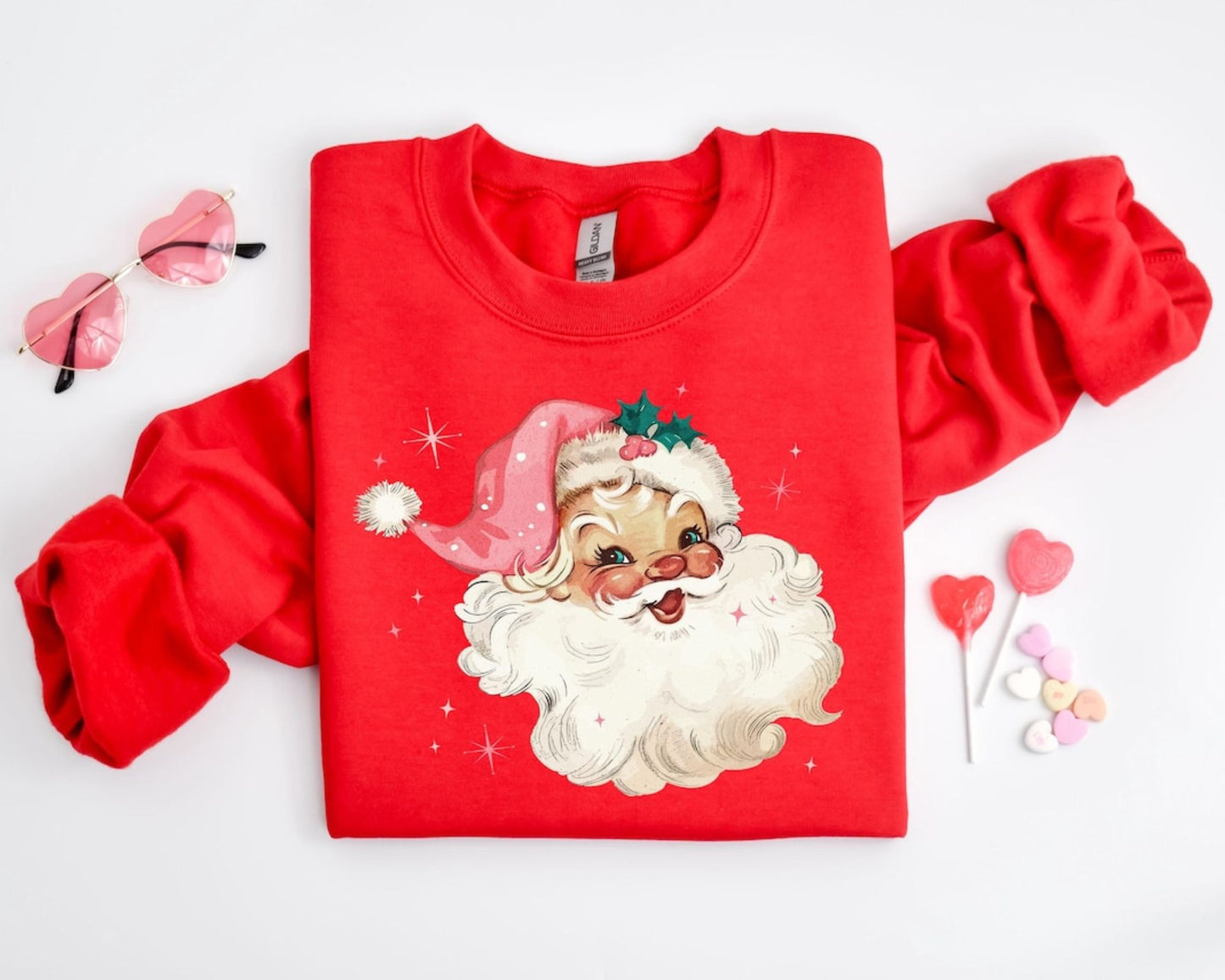 Pink Santa Retro Christmas Sweatshirt - Women Pink Christmas Sweatshirt