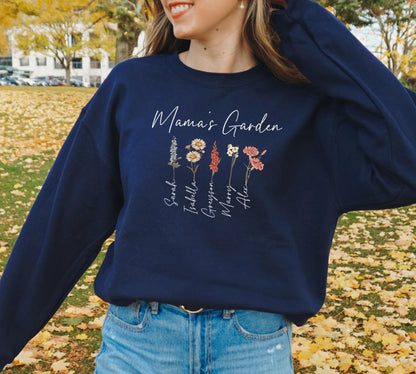 Mama's Garden Sweatshirt, Muttertagsgeschenk, Pullover mit Geburtsmonat-Blumen