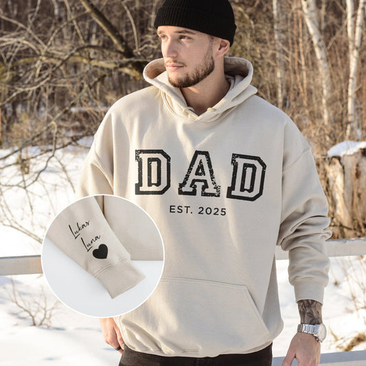 Personalisiertes Papa-Est-Sweatshirt und Hoodie mit Kindernamen auf dem Ärmel, Vatertagsgeschenk