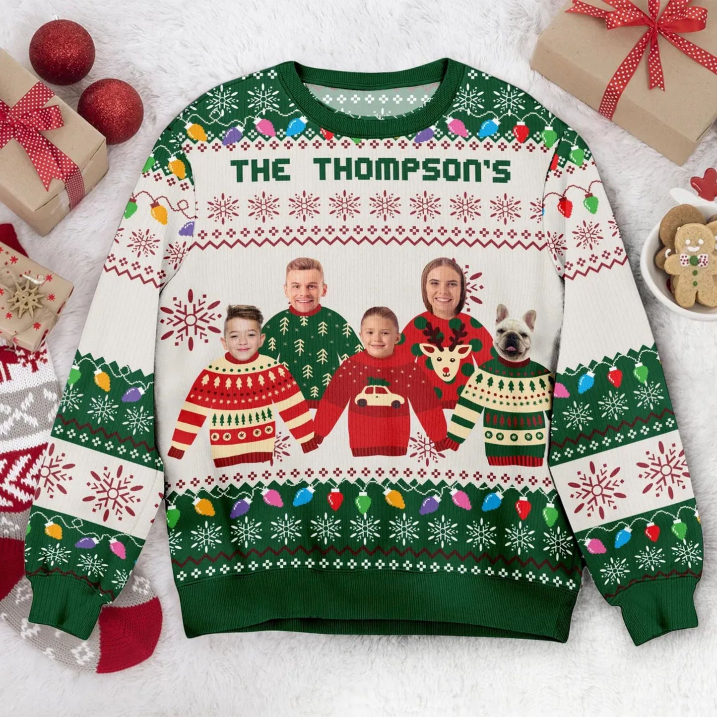 Personalisierter Weihnachtspullover mit Familienfoto und LEDs, Lustiger "Ugly Sweater" für die ganze Familie