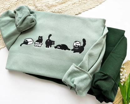 Wunderschönes besticktes schwarzes Katzen Sweatshirt - Geschenk für Katzenliebhaber, Bestickter Katzen Hoodie