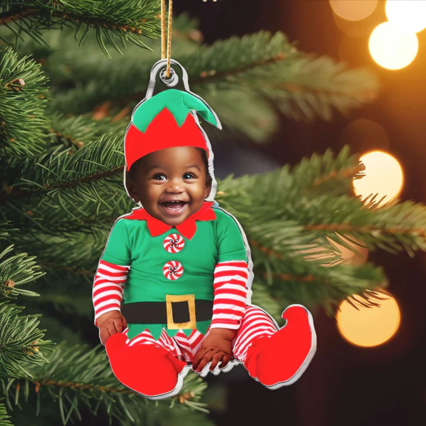 Niedliches Neugeborenes Baby-Elf - Personalisiertes erstes Weihnachtsornament mit Babyfoto