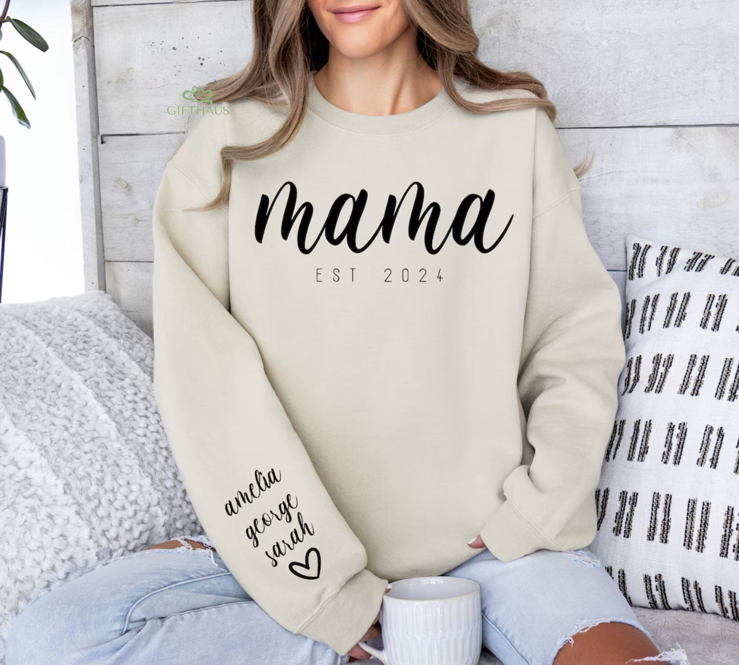 Personalisierter Mama Est Sweatshirt, Sweatshirt mit Namen auf dem Ärmel - Geschenk für Mama