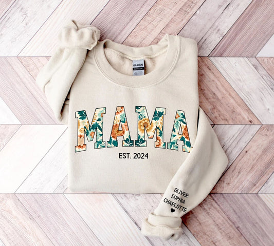 Personalisierte Mama Sweatshirt, Mama Blumen Sweatshirt mit Kindername