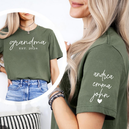 Custom 'Grandma EST' Sweatshirt with Grandchildren's Names on Sleeves