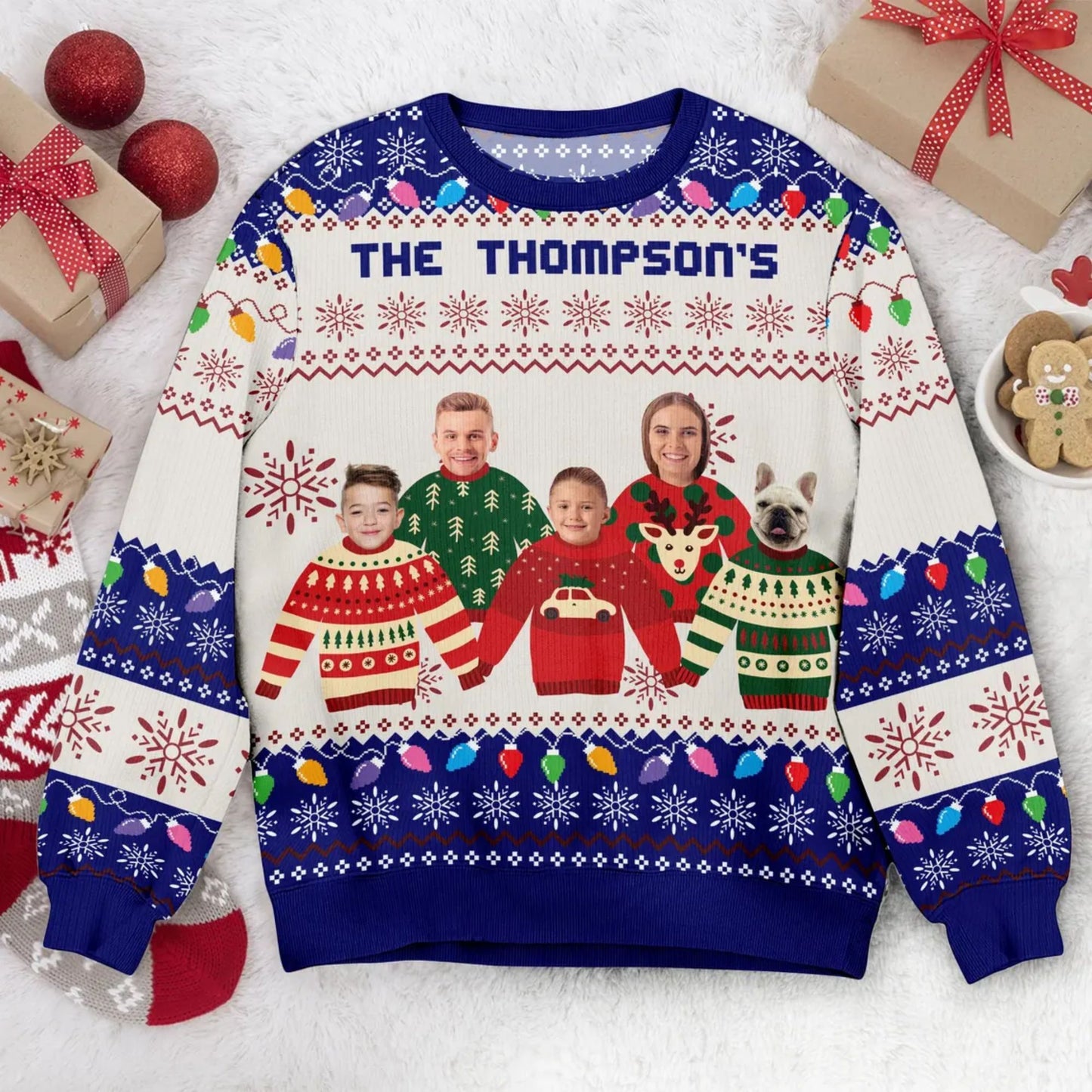 Personalisierter Weihnachtspullover mit Familienfoto und LEDs, Lustiger "Ugly Sweater" für die ganze Familie