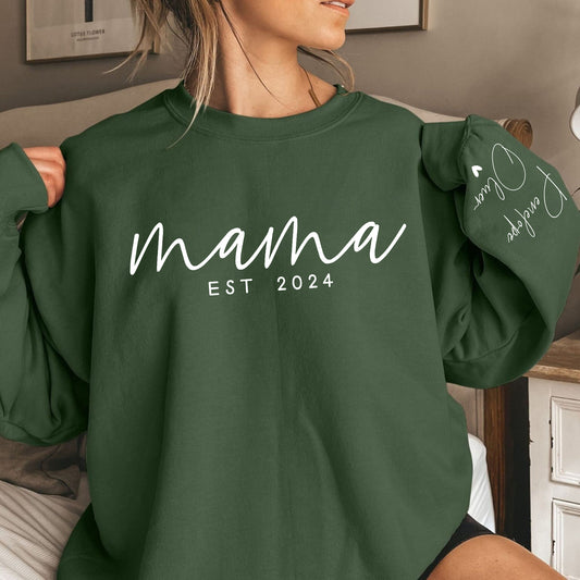 Maßgeschneidertes Mama Sweatshirt mit Datum und den Namen der Kinder am Ärmel