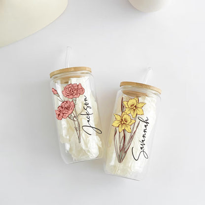 Personalisierter Geburtsblumen-Tumbler mit Name, Geburtsblumen-Glas, Geschenk für Sie