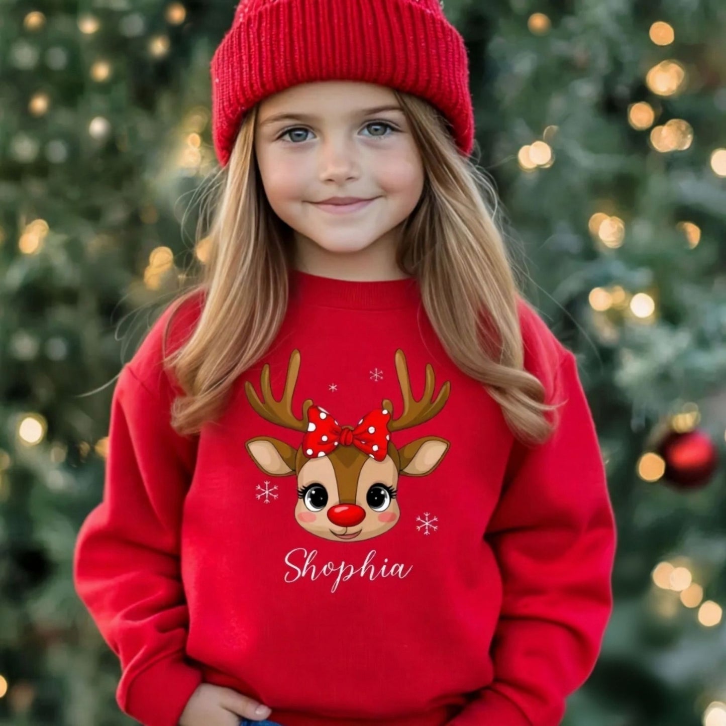 Personalisiertes Rentier-Kinder-Sweatshirt, T-Shirt mit Wunschnamen, Weihnachtsgeschenk