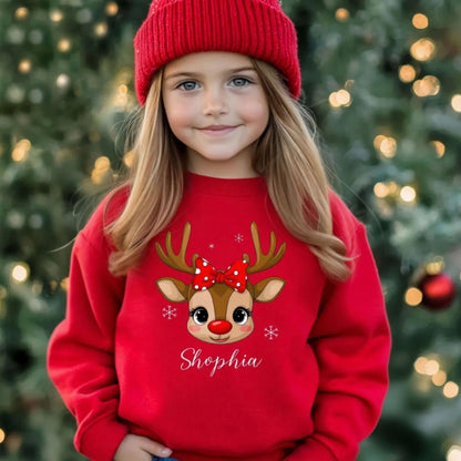 Personalisiertes Rentier-Kinder-Sweatshirt, T-Shirt mit Wunschnamen, Weihnachtsgeschenk