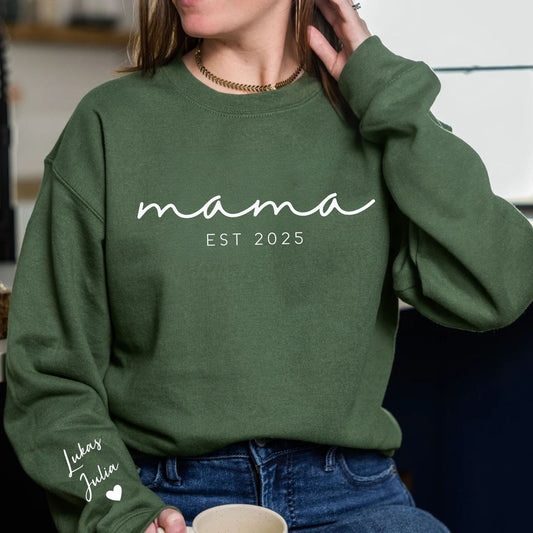 Personalisiertes Mama-Sweatshirt mit Namen der Kinder auf dem Ärmel, Est.-Datum Mama-Outfit