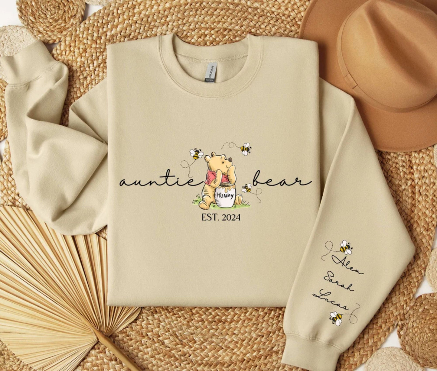 Personalisiertes Tante-Bär-Sweatshirt mit Namen der Kinder auf dem Ärmel - Individuelles Geschenk für Tante