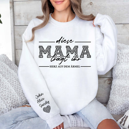 Personalisiertes Mama-Sweatshirt mit den Namen der Kinder auf dem Ärmel, Ich trage mein Herz auf dem Ärmel