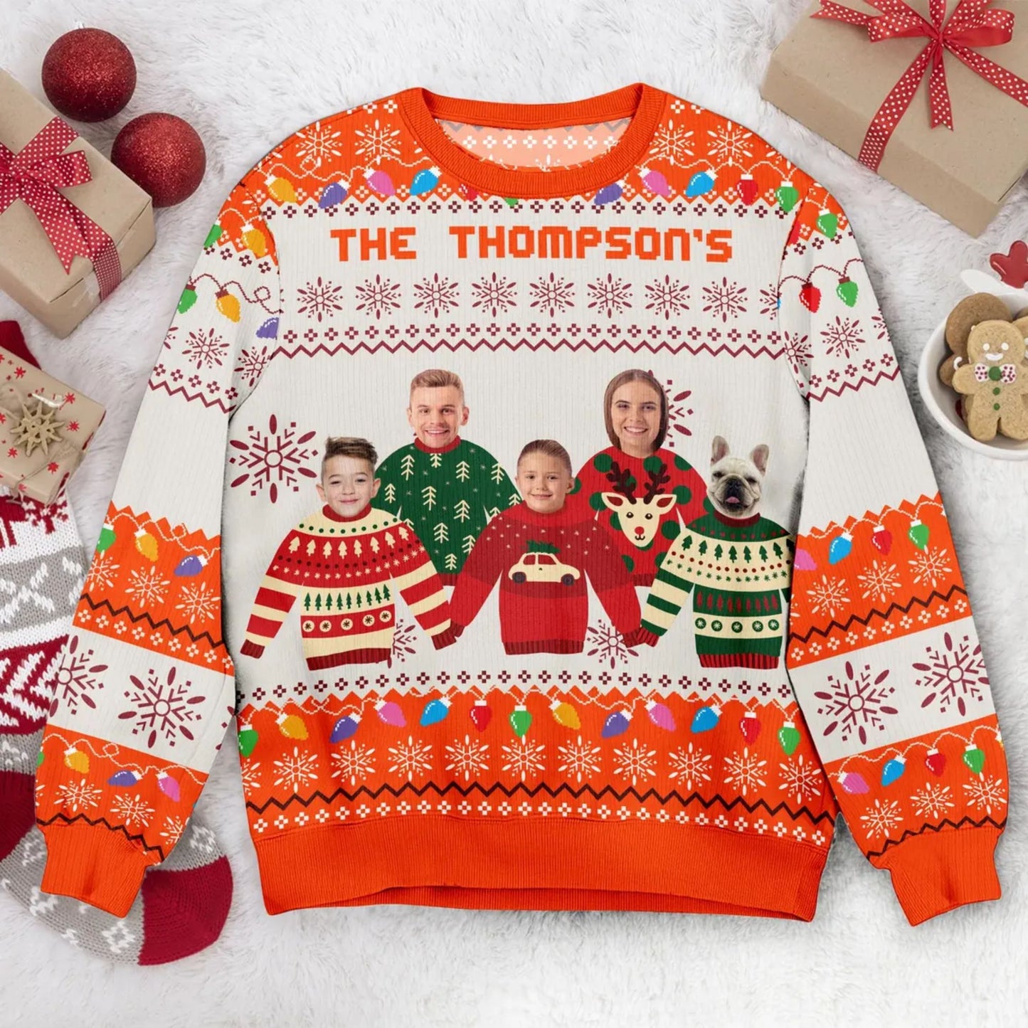 Personalisierter Weihnachtspullover mit Familienfoto und LEDs, Lustiger "Ugly Sweater" für die ganze Familie