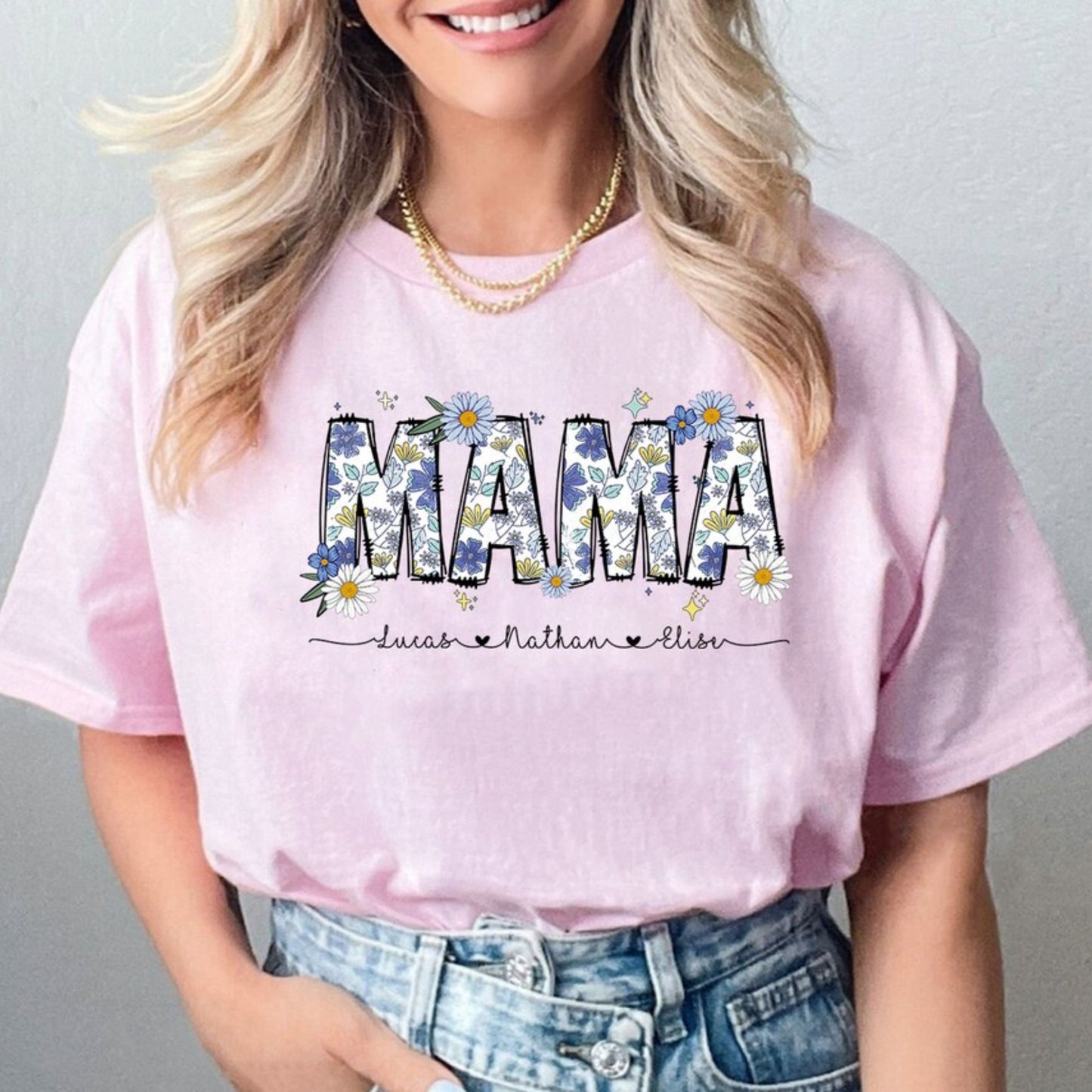 Personalisiertes Blumen Mama Shirt, Retro Blumen Mama Shirt mit Kindernamen